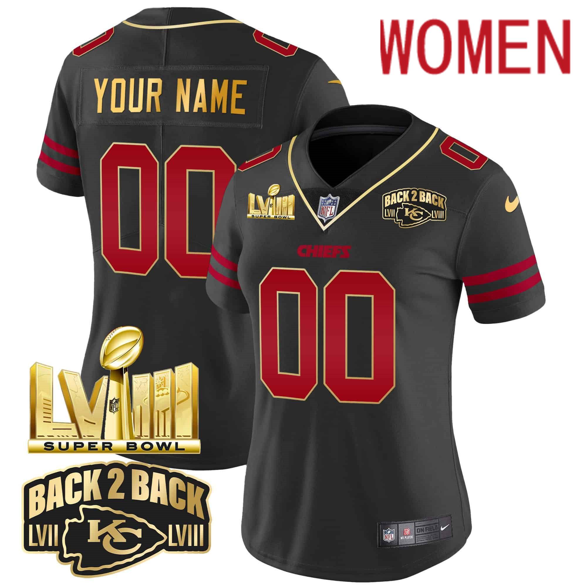 Women Kansas City Chiefs Black 2024 Nike Super Bowl LVIII & Back-2-Back Gold Patch Vapor Custom NFL Jersey style 1->customized nfl jersey->Custom Jersey